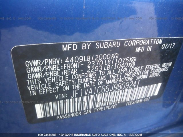 JF1VA1C66J9809241 - 2018 SUBARU WRX PREMIUM BLUE photo 9