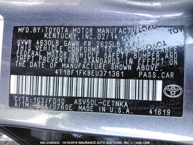 4T1BF1FK8EU371361 - 2014 TOYOTA CAMRY L/SE/LE/XLE Boz foto 9