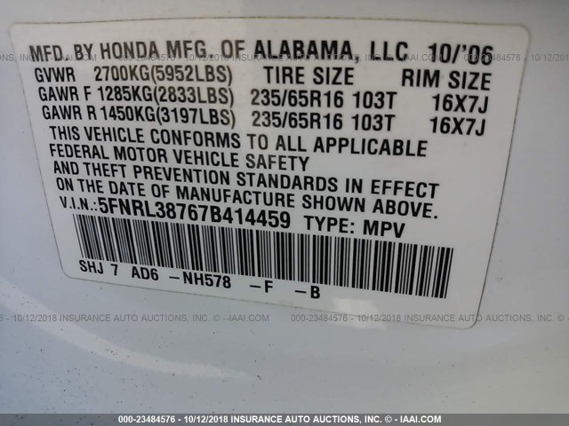 5FNRL38767B414459 - 2007 HONDA ODYSSEY EXL WHITE photo 9