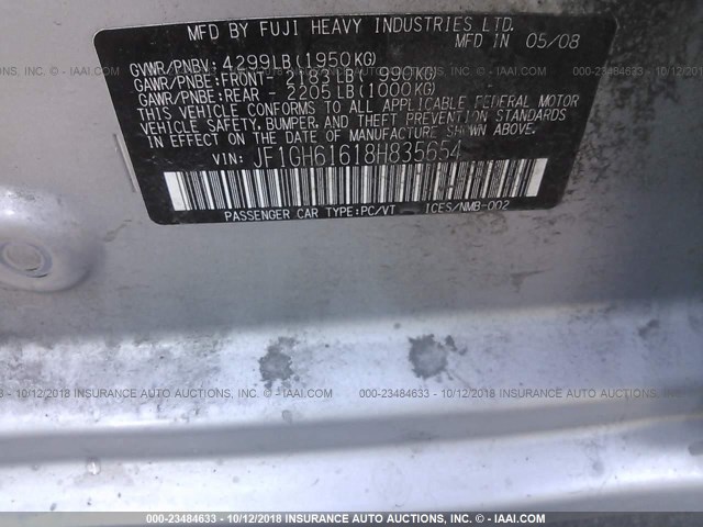 JF1GH61618H835654 - 2008 SUBARU IMPREZA 2.5I SILVER photo 9