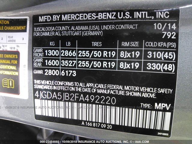 4JGDA5JB2FA492220 - 2015 MERCEDES-BENZ ML 350 GRAY photo 9