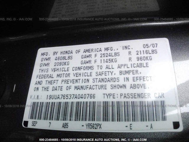 19UUA76537A040766 - 2007 ACURA TL TYPE S GRAY photo 9