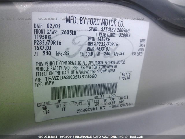 1FMZU63K35UB24660 - 2005 FORD EXPLORER XLT/XLT SPORT/NBX 银色 照片 9