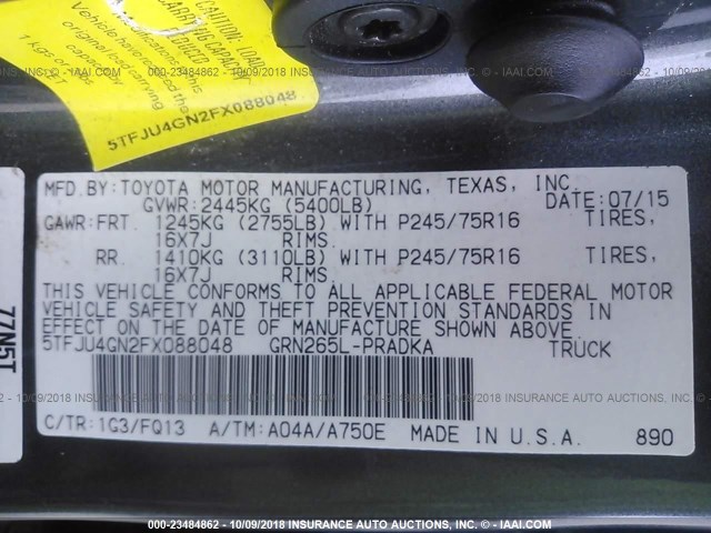 5TFJU4GN2FX088048 - 2015 TOYOTA TACOMA DOUBLE CAB PRERUNNER GRAY photo 9