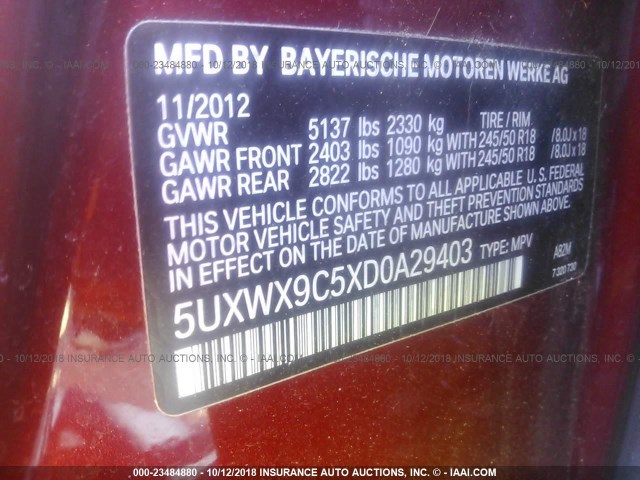 5UXWX9C5XD0A29403 - 2013 BMW X3 XDRIVE28I BURGUNDY photo 9