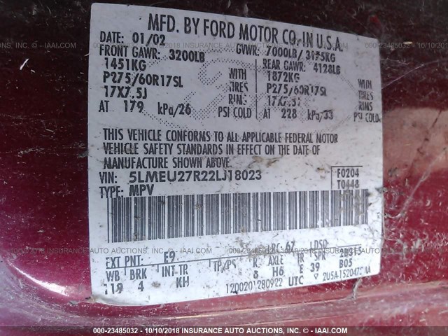 5LMEU27R22LJ18023 - 2002 LINCOLN NAVIGATOR 红色 照片 9