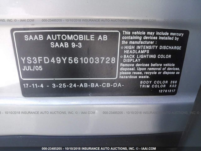 YS3FD49Y561003728 - 2006 SAAB 9-3 SILVER photo 9