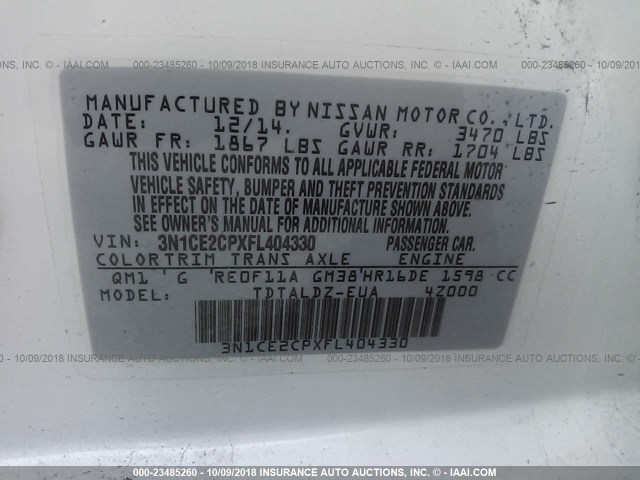 3N1CE2CPXFL404330 - 2015 NISSAN VERSA NOTE S/S PLUS/SV/SL/SR WHITE photo 9