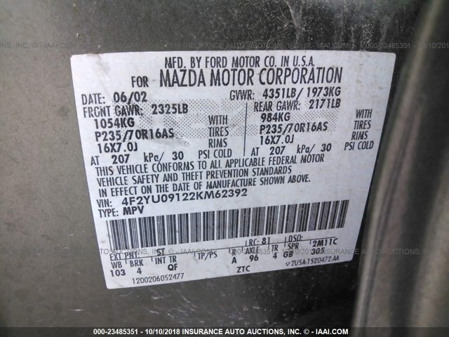 4F2YU09122KM62392 - 2002 MAZDA TRIBUTE LX/ES 绿色 照片 9