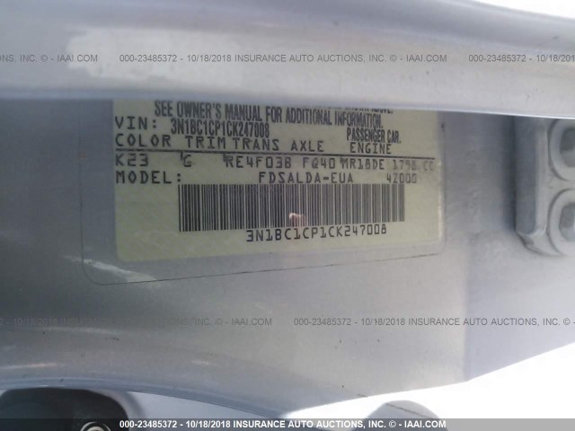 3N1BC1CP1CK247008 - 2012 NISSAN VERSA S/SL SILVER photo 9