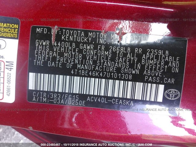 4T1BE46K47U101308 - 2007 TOYOTA CAMRY NEW GENERAT CE/LE/XLE/SE RED photo 9