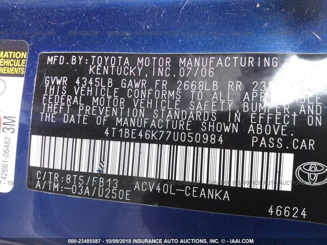 4T1BE46K77U050984 - 2007 TOYOTA CAMRY NEW GENERAT CE/LE/XLE/SE BLUE photo 9