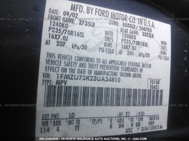 1FMZU73K23UA34810 - 2003 FORD EXPLORER XLT/XLT SPORT/NBX 蓝色 照片 9