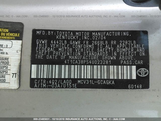 4T1CA38P54U023281 - 2004 TOYOTA CAMRY SOLARA SE/SLE Qızıl foto 9