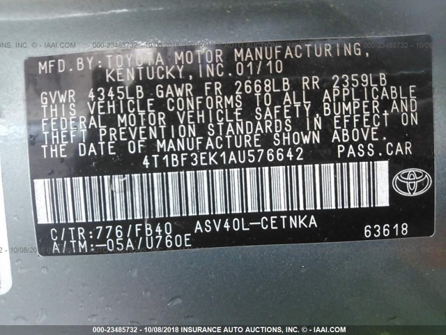 4T1BF3EK1AU576642 - 2010 TOYOTA CAMRY SE/LE/XLE 绿色 照片 9