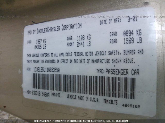 1C3EL55U11N653550 - 2001 CHRYSLER SEBRING LXI GOLD photo 9