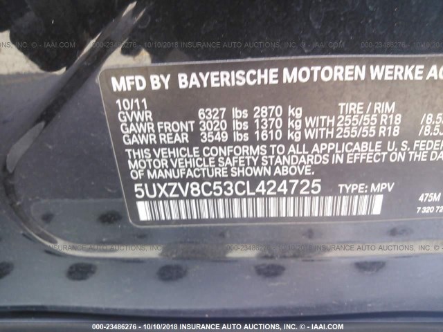 5UXZV8C53CL424725 - 2012 BMW X5 XDRIVE50I BLACK photo 9