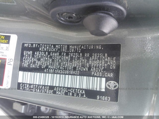 4T1BF1FK5CU616422 - 2012 TOYOTA CAMRY SE/LE/XLE 绿色 照片 9