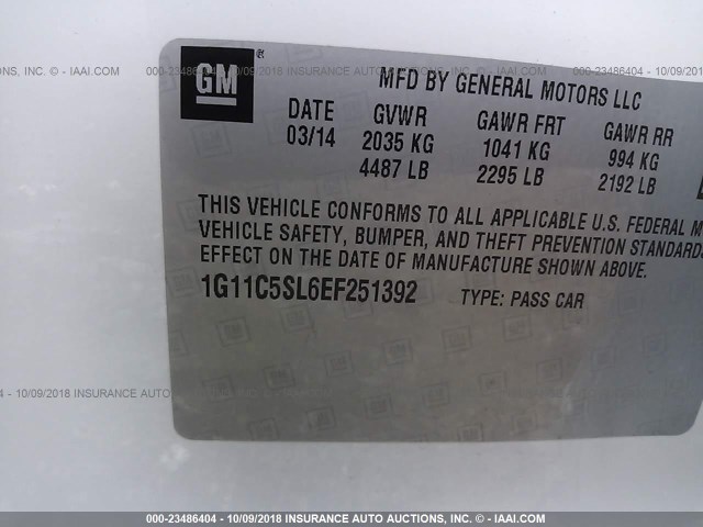 1G11C5SL6EF251392 - 2014 CHEVROLET MALIBU 1LT WHITE photo 9