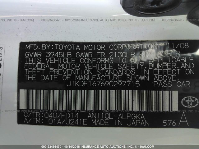 JTKDE167690297715 - 2009 TOYOTA SCION TC 白色 照片 9