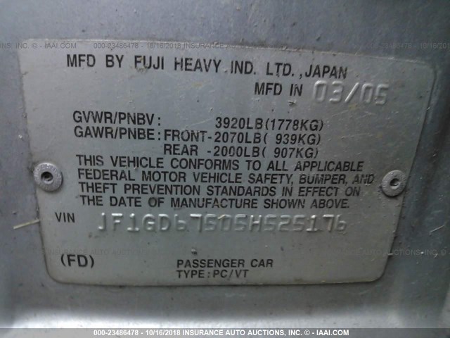 JF1GD67505H525176 - 2005 SUBARU IMPREZA RS SILVER photo 9