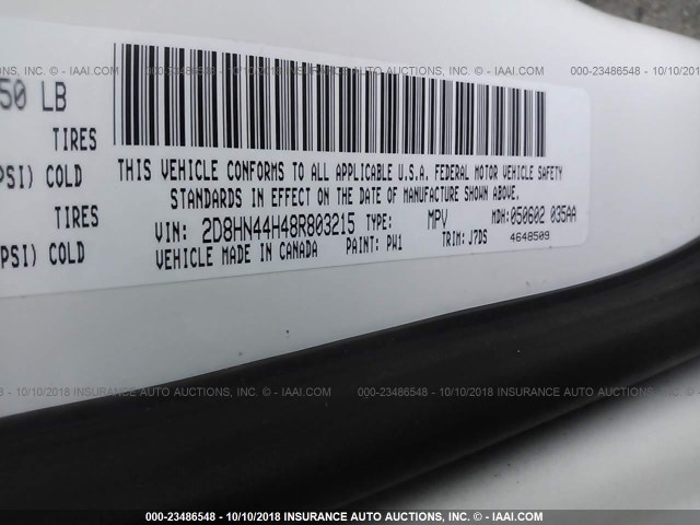 2D8HN44H48R803215 - 2008 DODGE GRAND CARAVAN SE WHITE photo 9