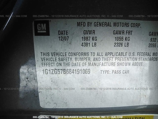 1G1ZG57B684191069 - 2008 CHEVROLET MALIBU LS ნაცრისფერი ფოტო 9