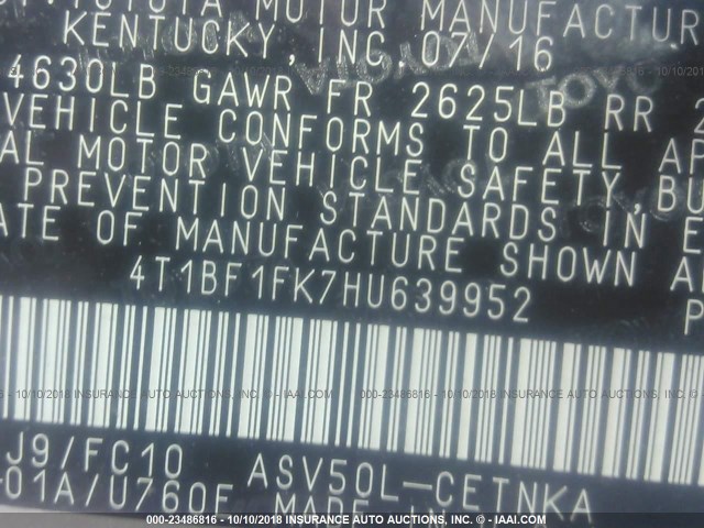 4T1BF1FK7HU639952 - 2017 TOYOTA CAMRY LE/XLE/SE/XSE 银色 照片 9