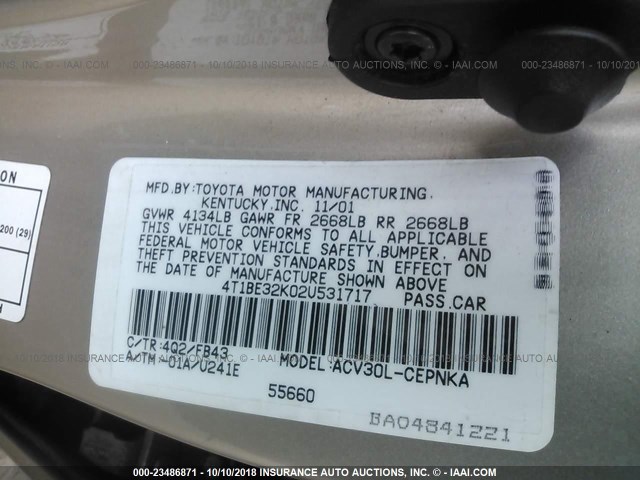 4T1BE32K02U531717 - 2002 TOYOTA CAMRY LE/XLE/SE GOLD photo 9