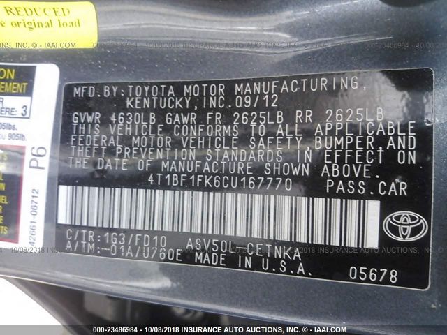 4T1BF1FK6CU167770 - 2012 TOYOTA CAMRY SE/LE/XLE 灰色 照片 9