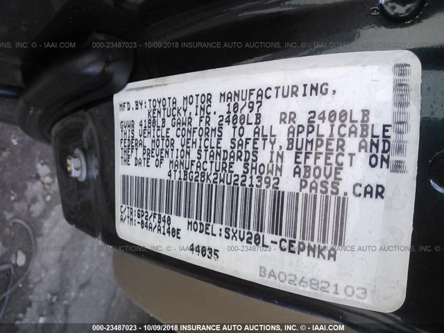 4T1BG28K2WU221392 - 1998 TOYOTA CAMRY CE/LE/XLE 绿色 照片 9