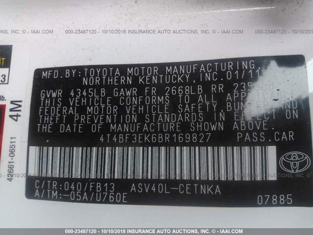 4T4BF3EK6BR169827 - 2011 TOYOTA CAMRY SE/LE/XLE WHITE photo 9