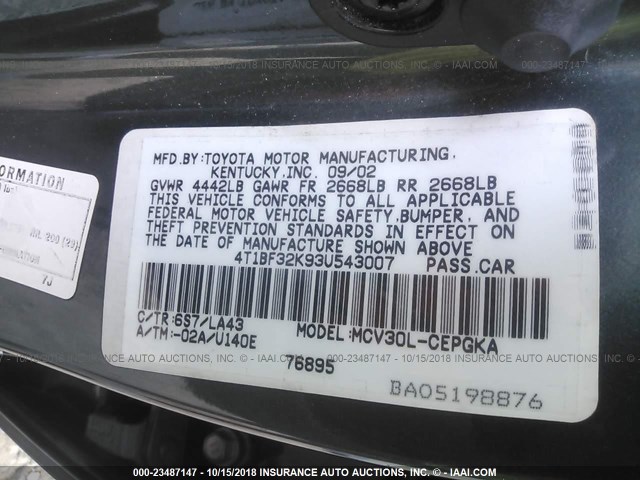 4T1BF32K93U543007 - 2003 TOYOTA CAMRY LE/XLE/SE GREEN photo 9