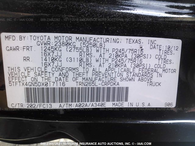 5TFTX4GN5DX017116 - 2013 TOYOTA TACOMA PRERUNNER ACCESS CAB BLACK photo 9