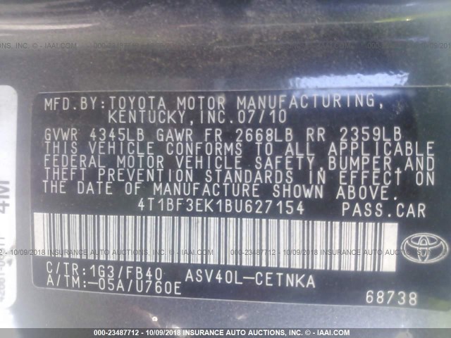 4T1BF3EK1BU627154 - 2011 TOYOTA CAMRY SE/LE/XLE 蓝色 照片 9