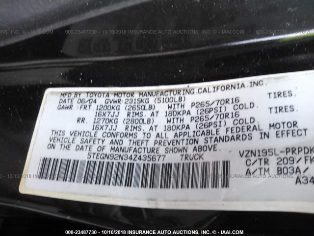 5TEGN92N34Z435677 - 2004 TOYOTA TACOMA DOUBLE CAB PRERUNNER BLACK photo 9