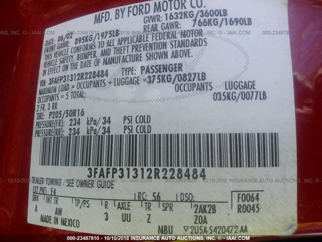 3FAFP31312R228484 - 2002 FORD FOCUS ZX3 RED photo 9