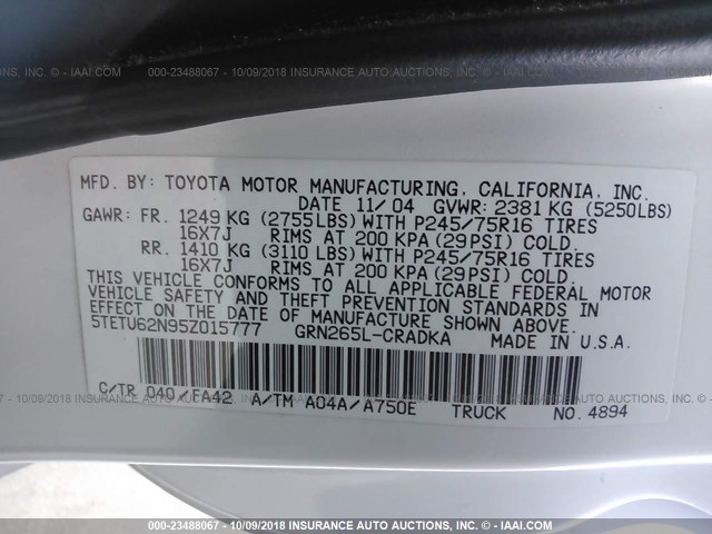 5TETU62N95Z015777 - 2005 TOYOTA TACOMA PRERUNNER ACCESS CAB WHITE photo 9