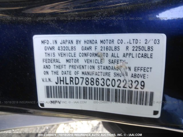 JHLRD78863C022329 - 2003 HONDA CR-V EX Dark Blue photo 9