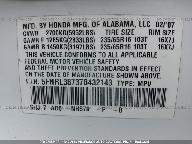 5FNRL38737B432143 - 2007 HONDA ODYSSEY EXL WHITE photo 9