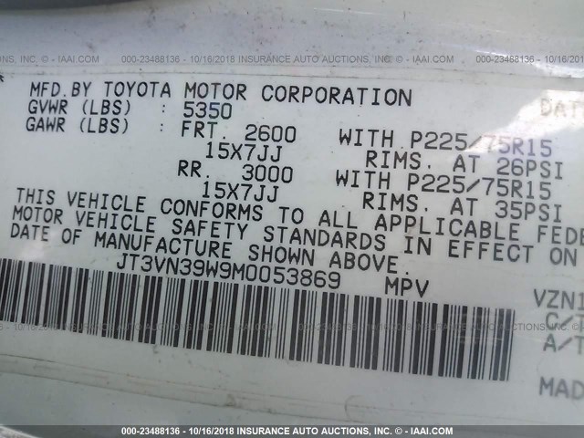 JT3VN39W9M0053869 - 1991 TOYOTA 4RUNNER VN39 SR5 白色 照片 9