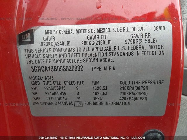 3GNCA13B09S526882 - 2009 CHEVROLET HHR LS Rojo foto 9