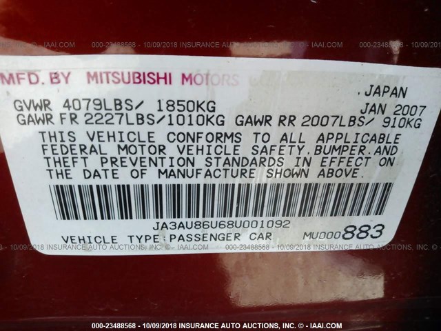 JA3AU86U68U001092 - 2008 MITSUBISHI LANCER GTS RED photo 9