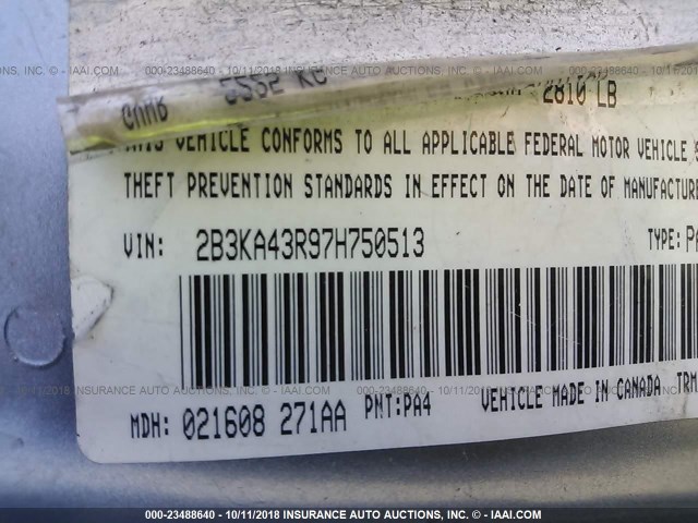 2B3KA43R97H750513 - 2007 DODGE CHARGER SE/SXT GRAY photo 9