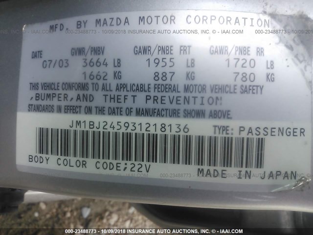 JM1BJ245931218136 - 2003 MAZDA PROTEGE PR5 银色 照片 9