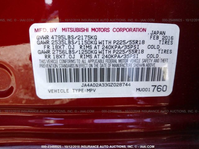 JA4AD2A33GZ028744 - 2016 MITSUBISHI OUTLANDER ES წითელი ფოტო 9