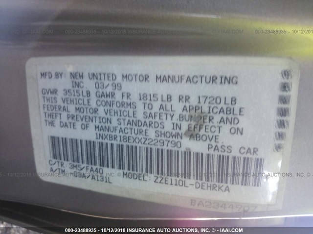 1NXBR18EXXZ229790 - 1999 TOYOTA COROLLA VE/CE/LE 银色 照片 9