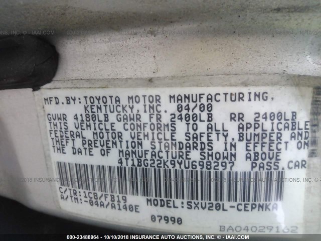 4T1BG22K9YU698297 - 2000 TOYOTA CAMRY CE/LE/XLE 银色 照片 9