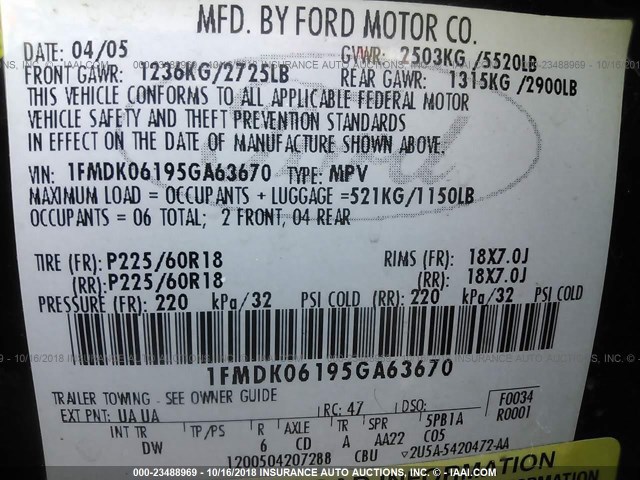 1FMDK06195GA63670 - 2005 FORD FREESTYLE LIMITED BLACK photo 9