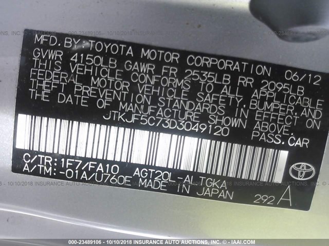 JTKJF5C73D3049120 - 2013 TOYOTA SCION TC SILVER photo 9